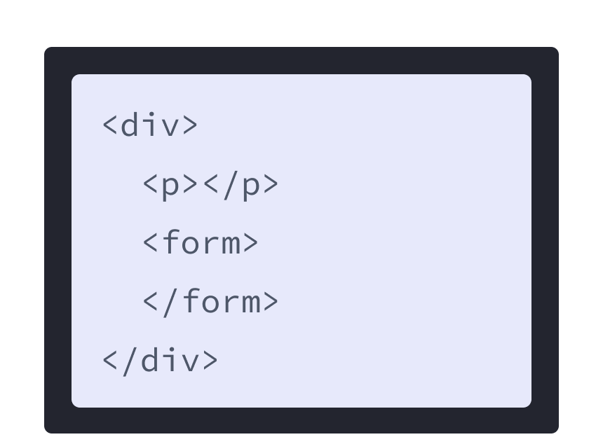 markup HTML dengan latar belakang berwarna ungu dan sebuah div dengan dua children tag: p dan form. 